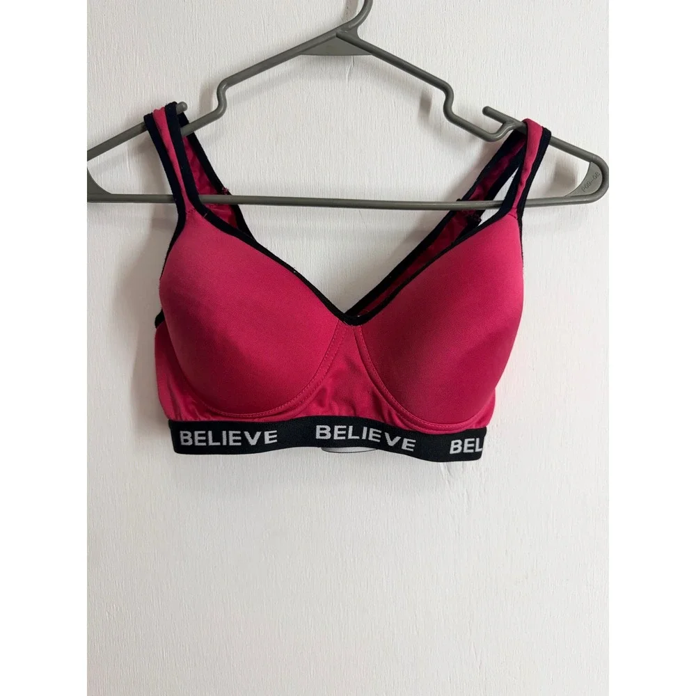 Believe Pink Sports Bra Padded Criss Cross Back Activewear Fuchsia Medium